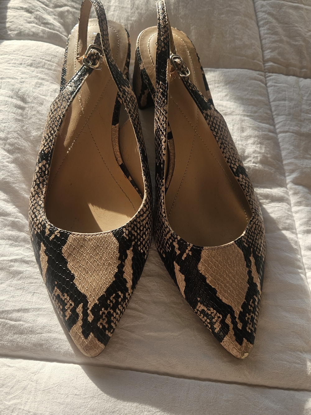 Women's Beige Snake-Print Slingback Pumps